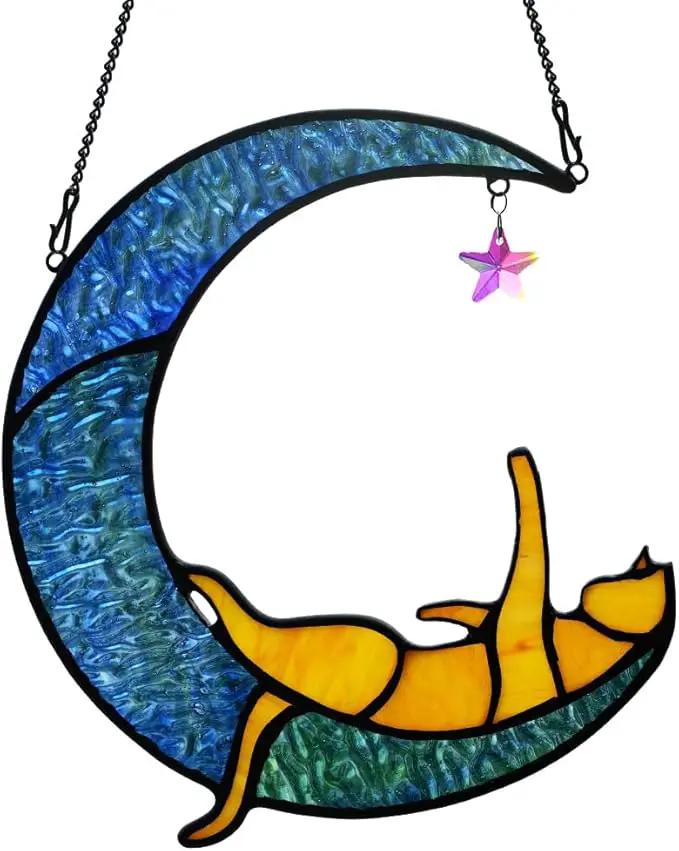 BOXCASA Orange Cat Suncatchers for Windows Hanging,Stained Glass Cat on Moon,Crystal Suncatcher Prism Hanging,Cat Gifts for Women Mom Cat Lovers by GreenHaven Gardens