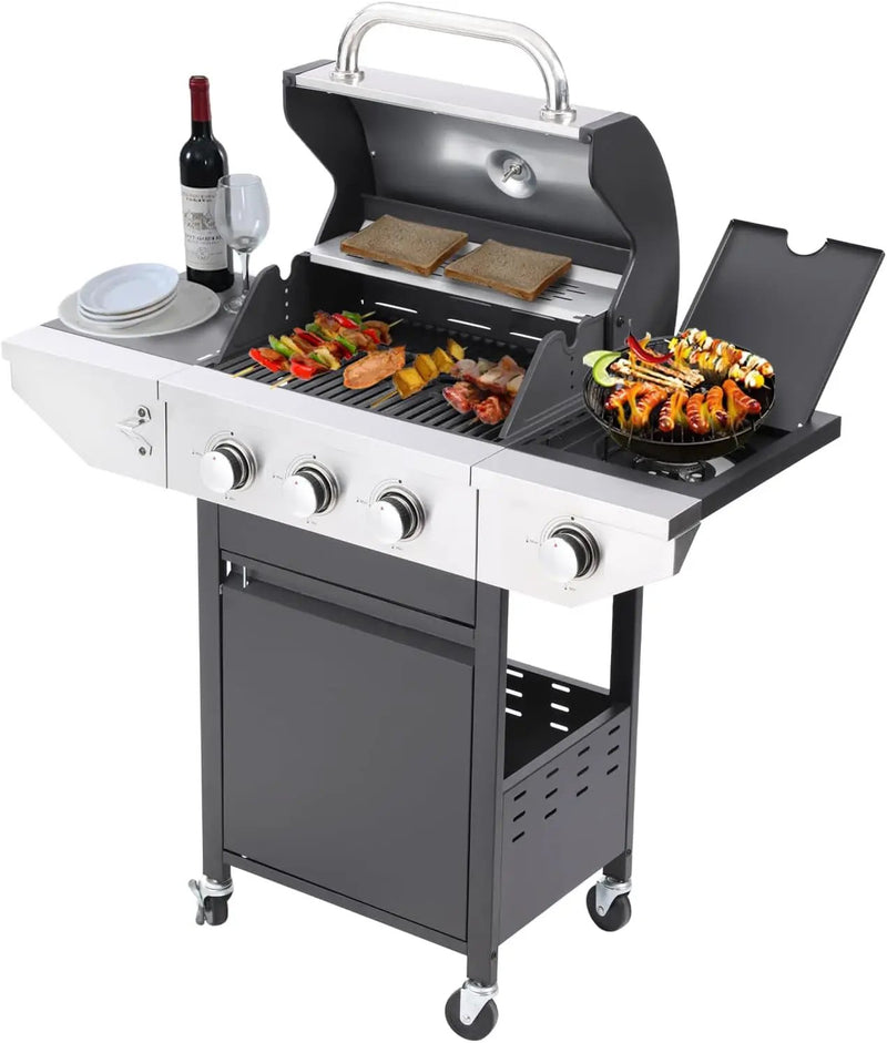 Endark 3-burner propane gas grill | 37,000 BTU stainless steel with side-fire function | with enameled cast iron grate, thermometer and side stand wheels | great for patio and garden outdoor cooking by GreenHaven Gardens