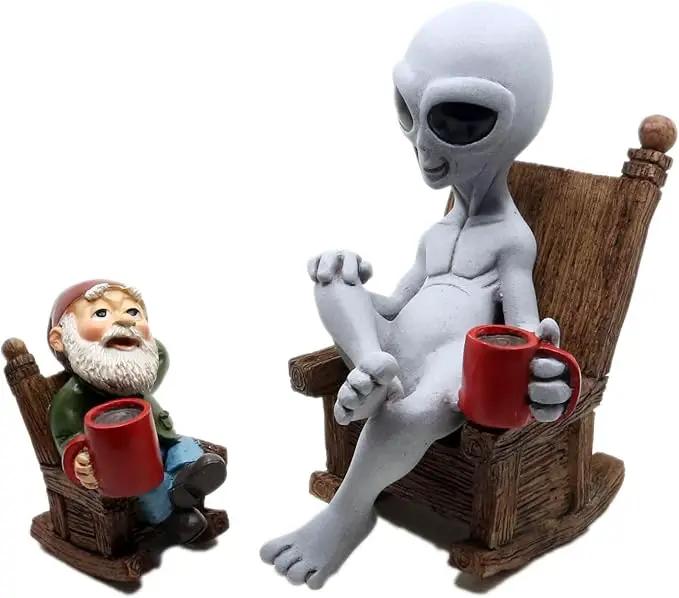 Andre' & Fritz | Celebrating Friendship with a Morning Cup of Coffee | Whimsical Extraterrestrial Outdoor Decor | Garden Statue 2pc Resin Set 6.25”/ 3.50” Tall (Coffee with Friends) by GreenHaven Gardens