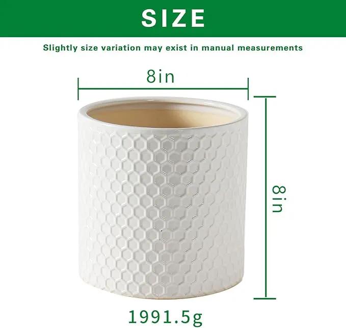 Docrin Ceramic Planters Indoor: 8 Inch Plant Pot with Drainage Holes for Home/Office - White Honeycomb by GreenHaven Gardens