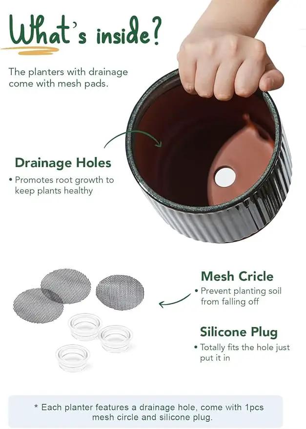 LE TAUCI Ceramic Plant Pots with Drainage Holes, Set of 3, 8+6.7+5.5 Inch Stripe Garden Planter Pots for Outdoor Indoor Plants Flower, Round Succulent Orchid Flower Pot, Reactive Glaze Black by GreenHaven Gardens