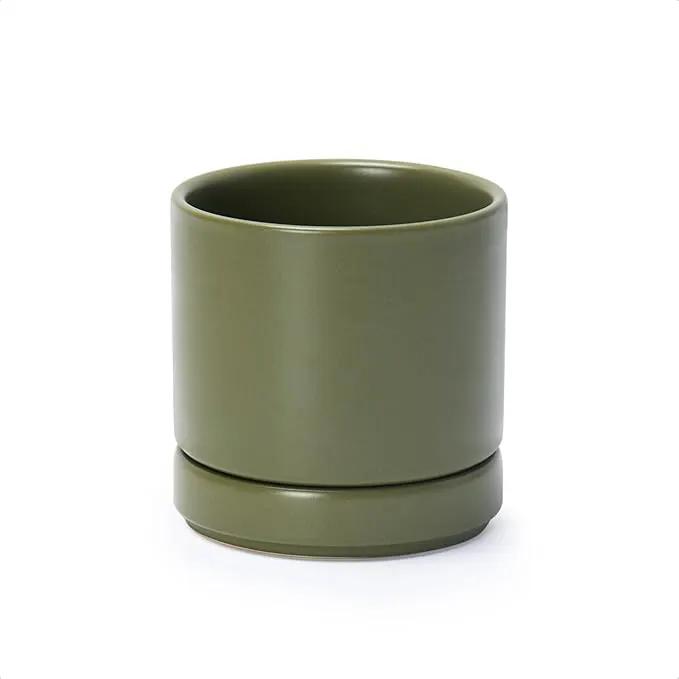 D'vine Dev 4.7 Inch Ceramic Planter Pot with Drainage Hole and Saucer, Indoor Cylinder Round Planter Pot, Olive, 94-O-B-J by GreenHaven Gardens