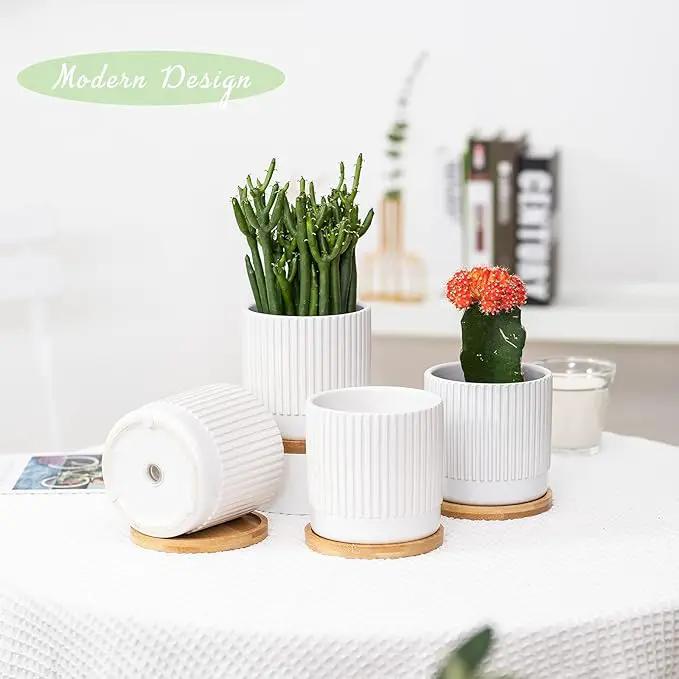 AOMRYOM 4.25 Inch Small Ceramic Plant Pots with Drainage Holes and Trays, Garden Flower Pots for Indoor Outdoor Plants, Succulents, Cactus and Herbs, White Stripe, Set of 4 (Plant Not Included) by GreenHaven Gardens
