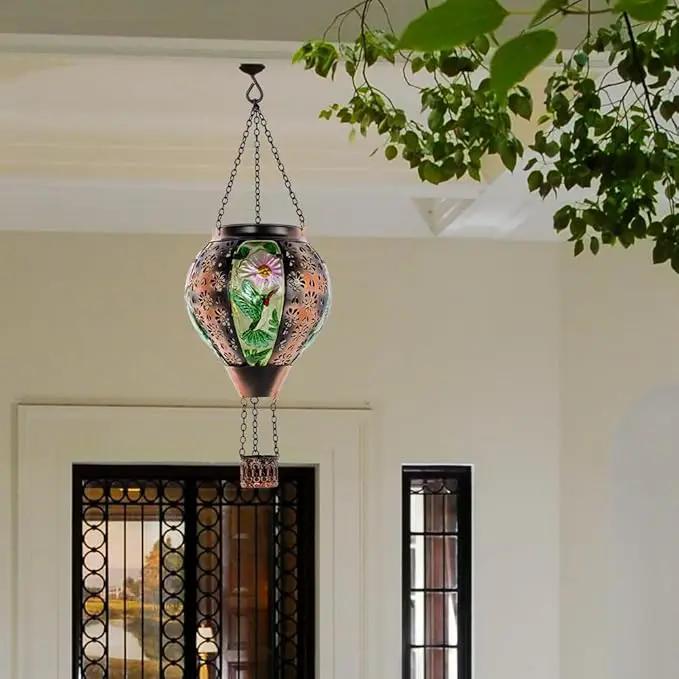 DREAMSOUL Hummingbird Hot Air Balloon Solar Lantern, Metal & Glass Flickering Flame Light Solar Lantern, Hanging Waterproof Solar Lanterns Outdoor for Garden Patio Tree Decoration Christmas Gifts by GreenHaven Gardens