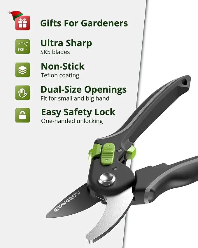 Garden Shears Set: 8.5" Bypass Pruning Shears & 6.5" Straight Trimming Scissors, Ultra-Sharp Garden Scissors with Stainless Steel Blades, Safety Lock, Gardening Gifts for Women Men, 2 Pack by GreenHaven Gardens