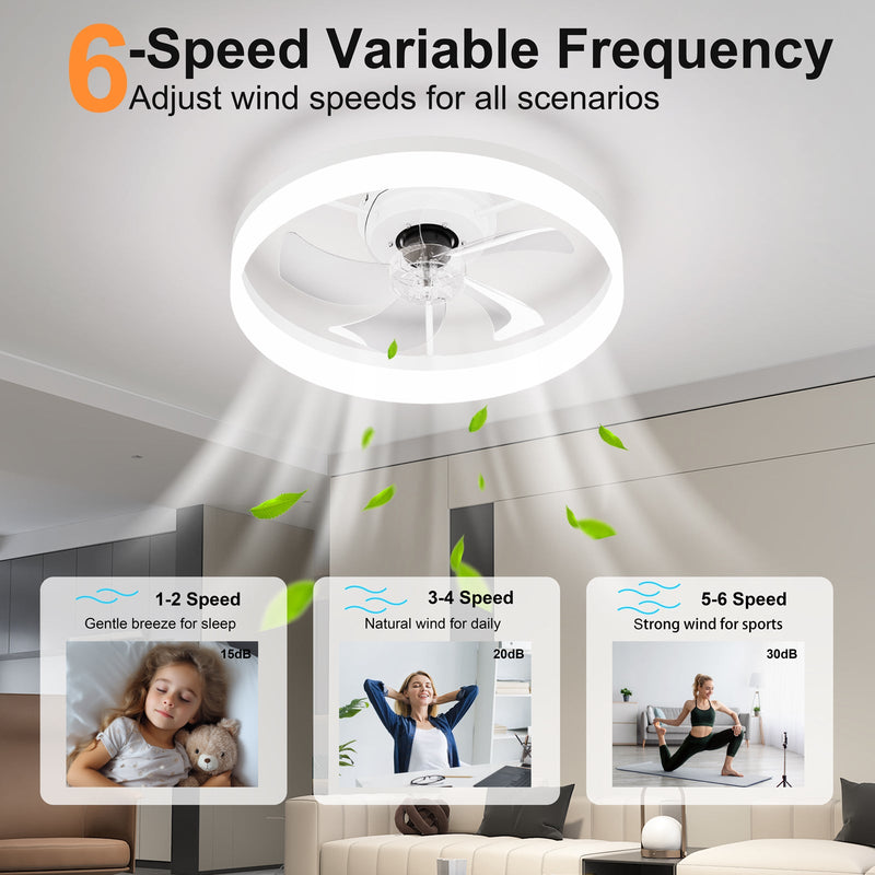 19.7'' LED Ceiling Fan Light with Remote & App Control, 6 Speeds, Dimmable, 3000K-6500K, Flush Mount by HouseOfZazla