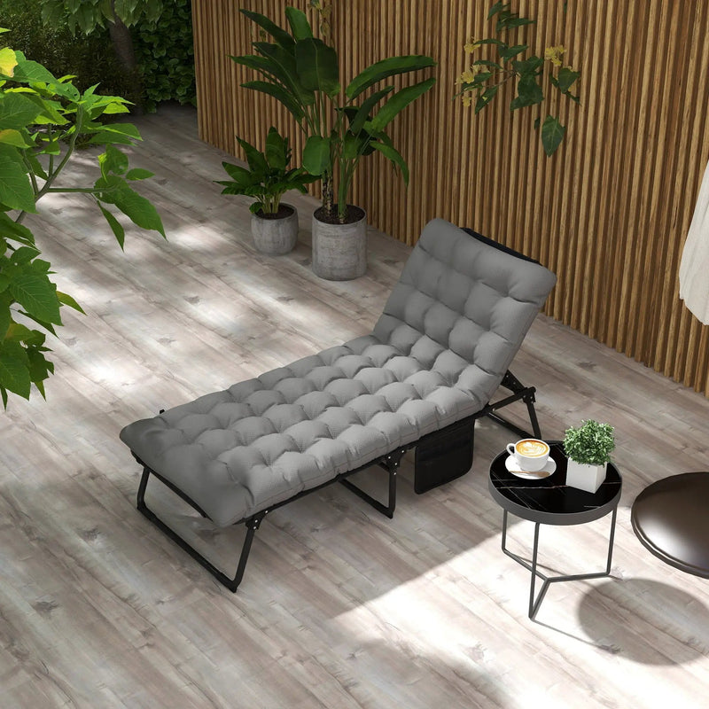 Outsunny - Outdoor Chaise, Adjustable Folding Chaise Lounge With 4-Position Backrest, Magazine Pocket, Removable Head Pillow, Sun Bathing Lounger Chair For Patio, Beach - Gray by Unique Piece Furniture