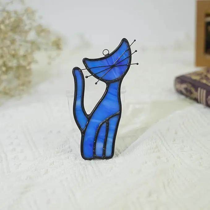 Cat Decor Stained Glass Window Hangings,Blue Cat Suncatcher for Window Cat Ornament Home Decor,Cat Themed Gifts for Women Cat Lovers Gifts,Great for Livingroom Bedroom by GreenHaven Gardens