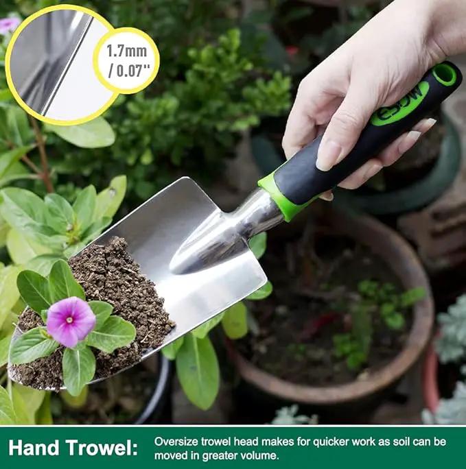 ESOW Garden Tool Set, 3 Piece Cast-Aluminum Heavy Duty Gardening Kit Includes Hand Trowel, Transplant Trowel and Cultivator Hand Rake with Soft Rubberized Non-Slip Ergonomic Handle, Garden Gifts by GreenHaven Gardens
