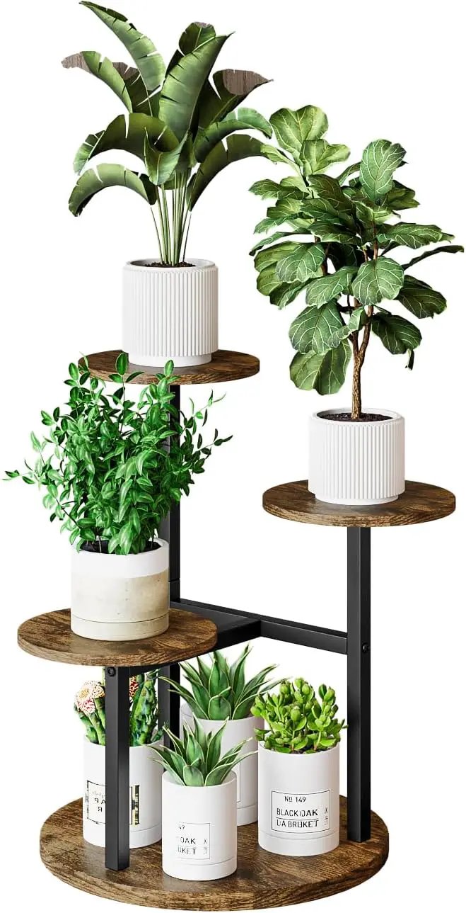 Plant Stand Indoor 4 Tier 5 Potted Multiple Flower Pot Holder for Patio Garden Balcony Living Room Corner (4 Tier Black+Rustic Brown) by GreenHaven Gardens