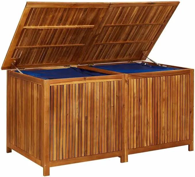 vidaXL Wooden Outdoor Storage Box with Gas-Lift Lid – Patio Deck Chest with Zippered Waterproof Bag for Garden Bench, Pool, Porch, Trunk, Cabinet, Teak Look – Brown, 59.1"x31.5"x29.5" by GreenHaven Gardens