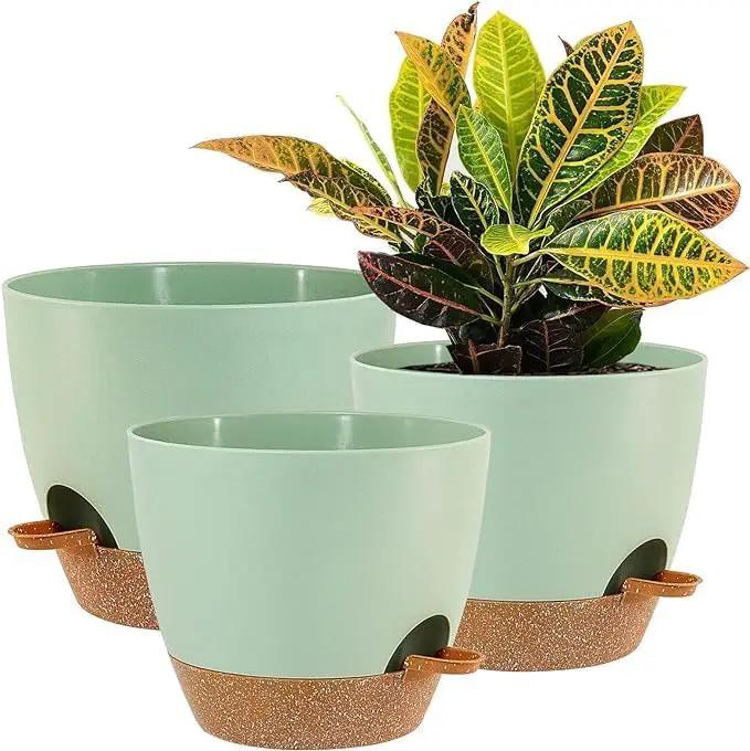 10/9/8 inch Self Watering Pots, Set of 3 Plastic Planters with Mesh Drainage Holes and Deep Reservoir for Indoor Outdoor Garden Plants and Flowers, Green with Brown by GreenHaven Gardens