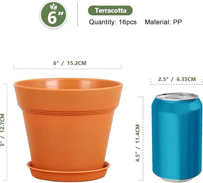 6 inch Plastic Nursery Pots, 16 Pack Plant Pots for Indoor Outdoor Plants, Flower Pots with Drainage Holes and Saucers, Decorative Seedling Starter Planters for House Plants, Terracotta by GreenHaven Gardens