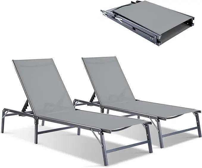 Outdoor Chaise Lounge Chair Set of 2, Foldable & Assemble-Free, 6 Adjustable Positions, Durable Rust-Resistant Frame, Portable Outdoor Pool Lounge Chairs for Pool Patio Beach, Grey by GreenHaven Gardens