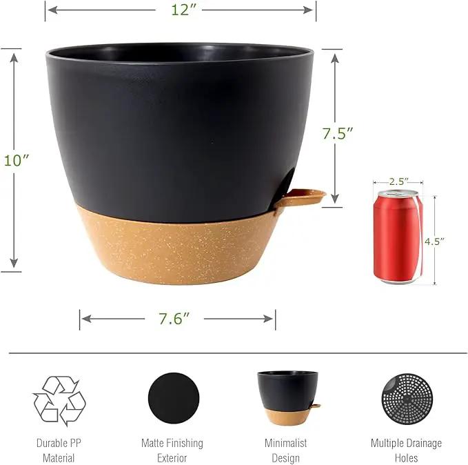 12 inch Large Self Watering Pots, Plastic Planters with 60oZ Removable Deep Reservoir and Multi Mesh Drainage Holes for Indoor Outdoor Garden Plants and Flowers, Black with Brown by GreenHaven Gardens