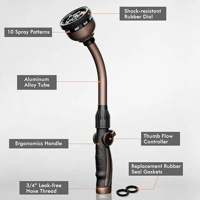 RESTMO Watering Wand, Heavy Duty Metal Garden Hose Wand with Thumb Flow Control, 15-Inch Long Hose Nozzle Sprayer with 10 Spray Patterns, Ideal to Water Hanging Baskets and Shrubs, Oil Rubbed Bronze by GreenHaven Gardens