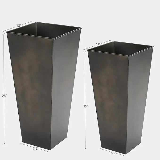 KOL 25'' & 28'' Tall Glazed Planter with Saucer, Set of 2, Galvanized Steel Planter Metal Pots for Indoor & Outdoor Use, Decorative Flower Plant Pots with Drainage Hole for Porch, Patio, Deck - Black by GreenHaven Gardens