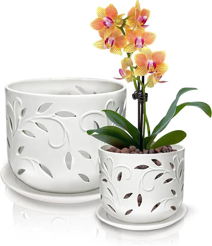KERUITA Orchid Pots with Holes,6 inch + 5 inch Ceramic Planters Set of 2 with 2 Bottom Tray, Enhanced Drainage and Ventilation,White Flower Pots for Indoor/Outdoor Plants for Repotting by GreenHaven Gardens