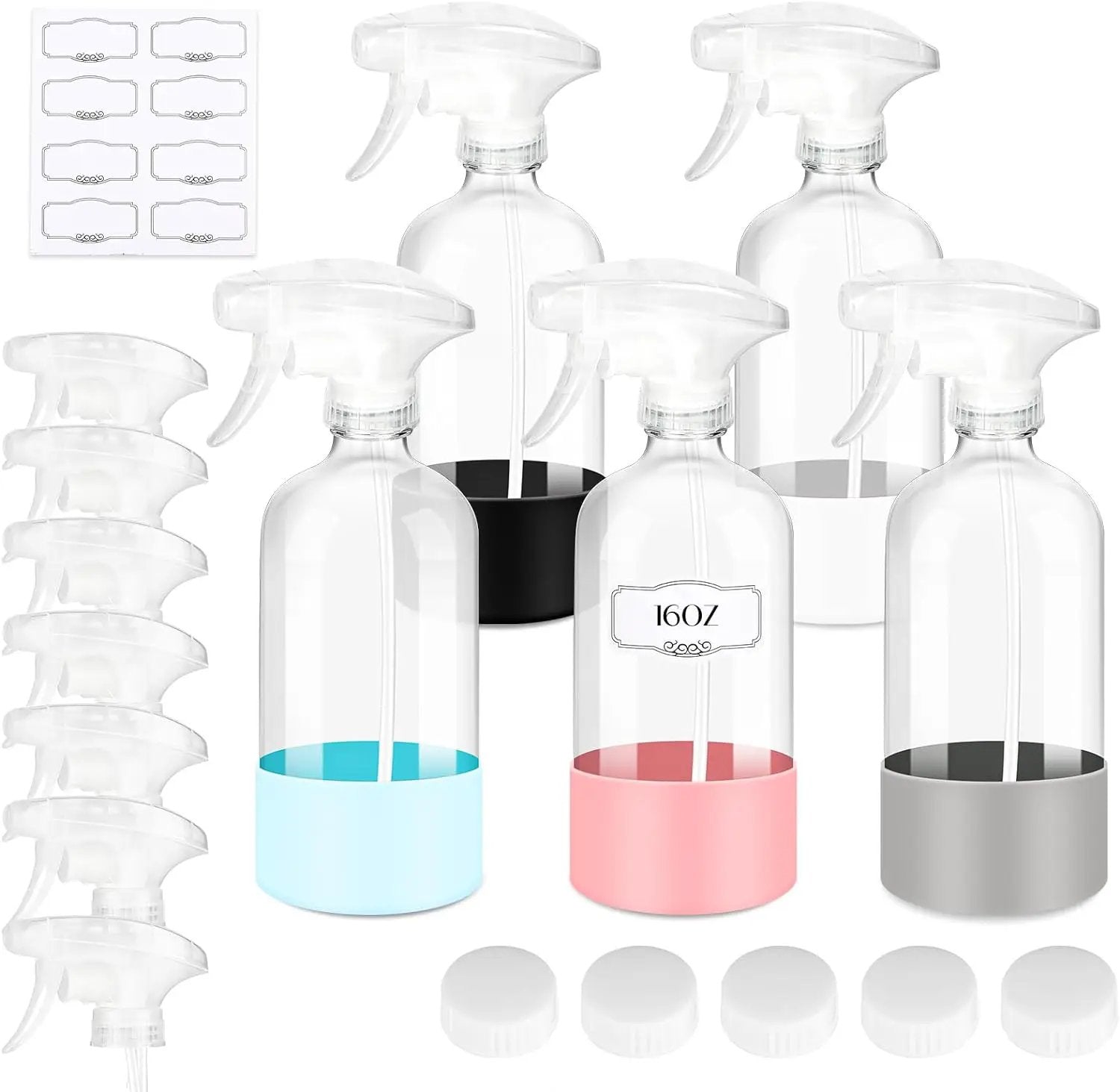 5 PACK/16 OZ Glass Spray Bottles with Upgraded Adjustable Spray Nozzle, Refillable Containers with Silicone Sleeve, Spray Bottle for Hair&Cleaning Solutions&Essential Oils-Pink Blue Gray Black White by GreenHaven Gardens