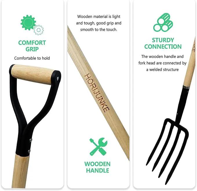 Garden Fork,4-Tine Pitchfork,Spading Digging Fork,Forged Steel Y-Grip, Wood Handle,45Inch by GreenHaven Gardens