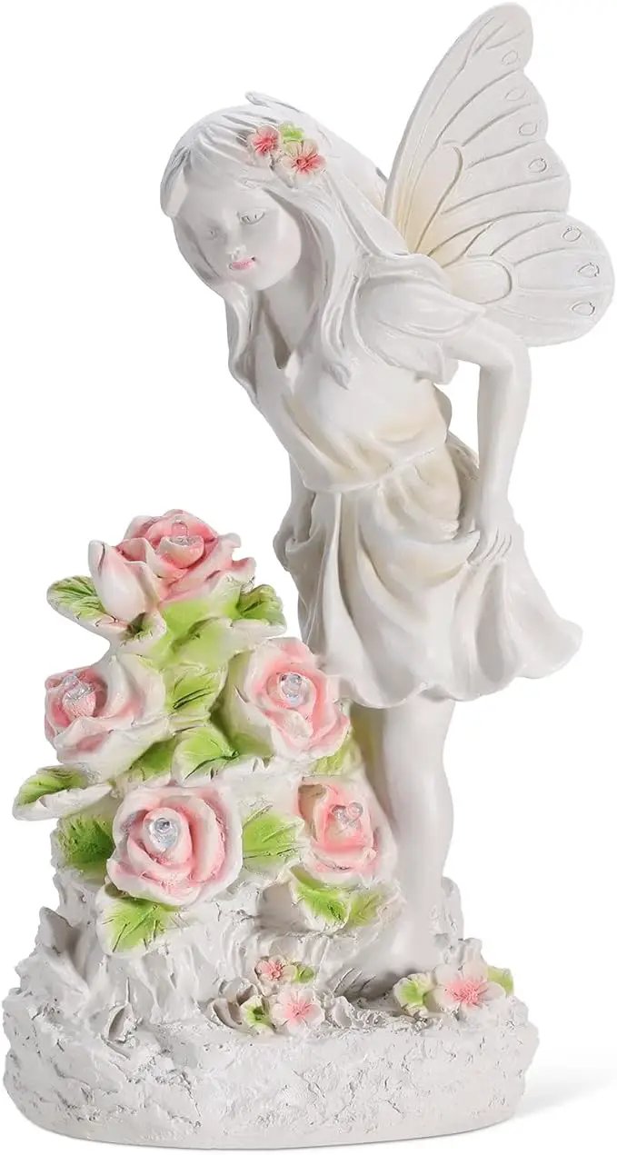 Angel Garden Statue, Guardian Solar Garden Decor with Warm Light, Waterproof Butterfly Angel Figurine with Flowers, Outdoor Garden Decor Sculpture for Lawn Yard Patio Windowsill, White by GreenHaven Gardens