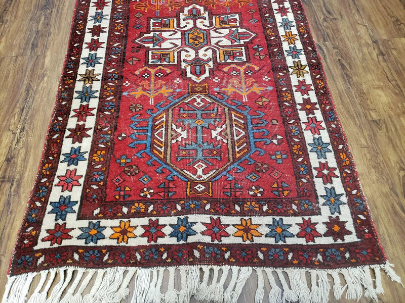 Antique Persian Heriz Karajeh Runner Rug 3x11, Hand-Knotted Red Geometric Medallions by Jewel Rugs
