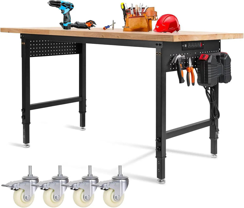 Height Adjustable Workbench with Wheels 60”×22” Heavy Duty Work Table 2000 LBS Capacity Rolling Work Table Rubber Wood Work Station with Power Outlet & Pegboard for Garage, Office, Workshop by GreenHaven Gardens