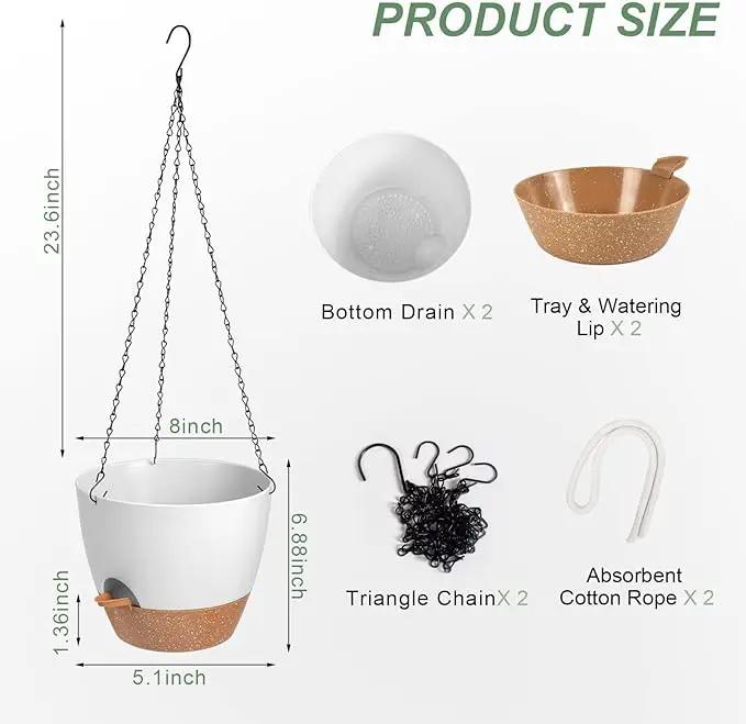 Hanging Planters for Indoor Outdoor Plants, 2 Pack Self Watering Hanging Pot with Drainage Holes & Removable Tray (White, 8'') by GreenHaven Gardens