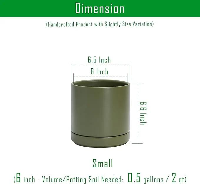 D'vine Dev 6 Inch Ceramic Planter Pot with Drainage Hole and Saucer, Indoor Cylinder Round Planter Pot, Olive, 94-O-C-J by GreenHaven Gardens