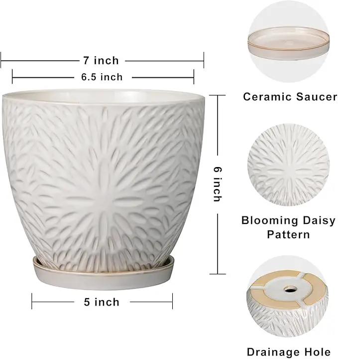 G EPGardening 6 Inch Plant Pot for Indoor Plants Outdoor Round Ceramic Planter Decorative Flower Pot with Drainage Hole and Saucer White by GreenHaven Gardens