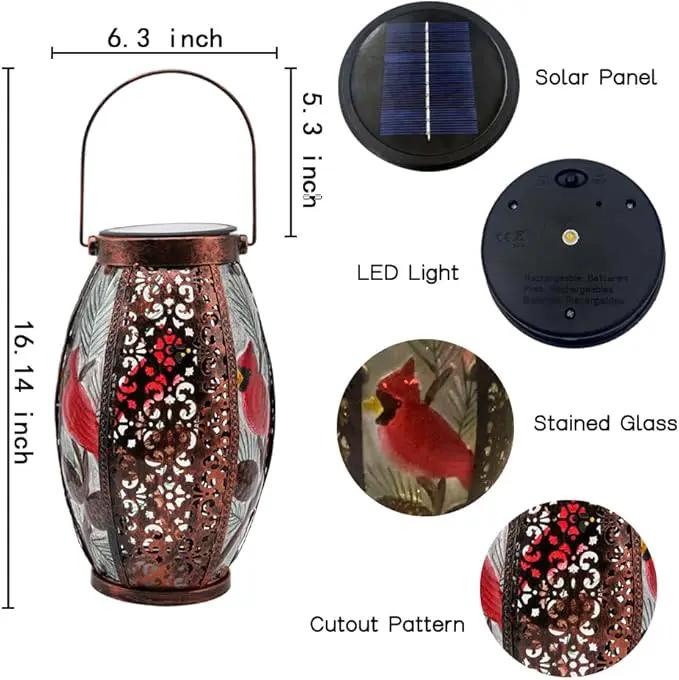 2PCS Cardinal Solar Lanterns Glass & Metal Hanging Light Outdoor Waterproof 16" H Tabletop Lamp with Hollowed-Out Design with Shepherd's Hooks for Garden Patio Table Decor by GreenHaven Gardens