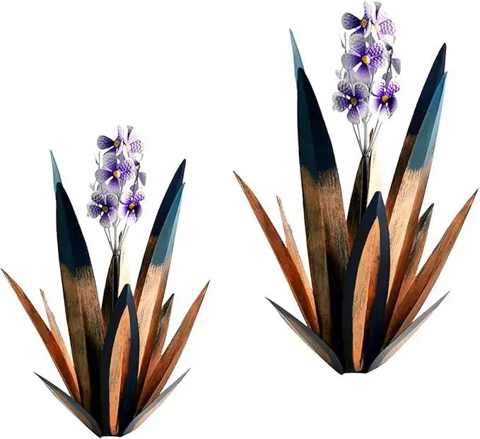 Jesokiibo Tequila Rustic Sculpture DIY Metal Agave Plant Home Decor Rustic Hand Painted Metal Agave Garden Ornaments Outdoor Decor Figurines Home Yard Decorations Stakes Lawn Ornaments (Blue 2PCS) by GreenHaven Gardens