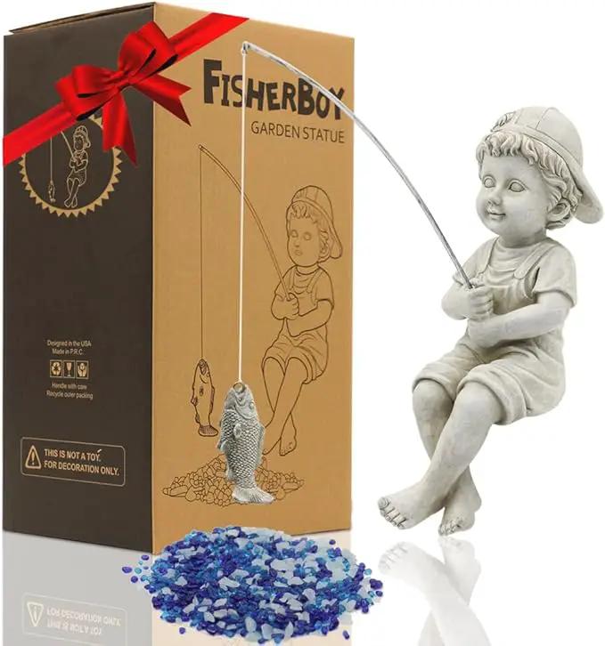 Goodeco Fisherboy Statue Garden Decor - 11" Little Fishing Guy for Koi Pond or Waterfalls, Poolside Statue with Glow in Dark Pebbles Included, Great Gifts for Mom, Women or Birthdays, Gift Ideas by GreenHaven Gardens