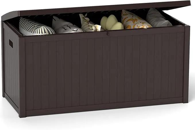 Outdoor Storage Box, 120 Gallon Deck Box Indoor and Outdoor Use, Waterproof Resin Storage Bin for Patio Cushions, Gardening Tools, Lockable, UV Resistant, Brown by GreenHaven Gardens