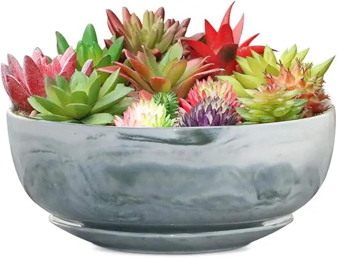 G EPGardening 8in Marble Pattern Large Round Succulent Planter Pot Modern Flower Pot Indoor and Outdoor Planter with Marble Tray by GreenHaven Gardens