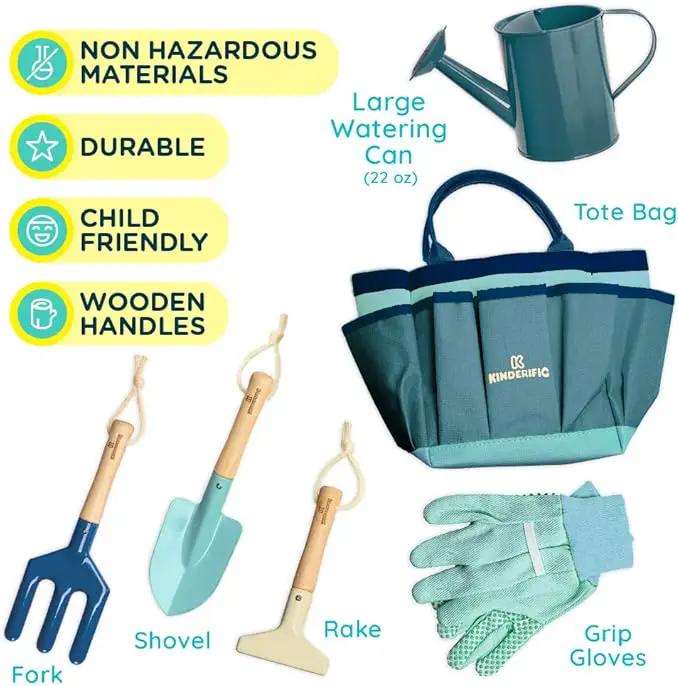 Gardening Set, Tool Kit, for Kids, STEM, Includes Tote Bag, Spade, Watering Can, Rake, Fork, Trowel and Gloves (Ocean Blue) by GreenHaven Gardens