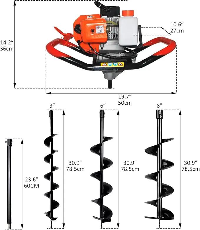 62cc 2.8HP Post Hole Digger Gas Powered, Gas Earth Auger/Ice Auger, with 2 Drill Bits 3"/6"/8" + 3 Extension Bar, One Man Earth Auger for Planting Fence, EPA Compliant Post Hole Auger by GreenHaven Gardens