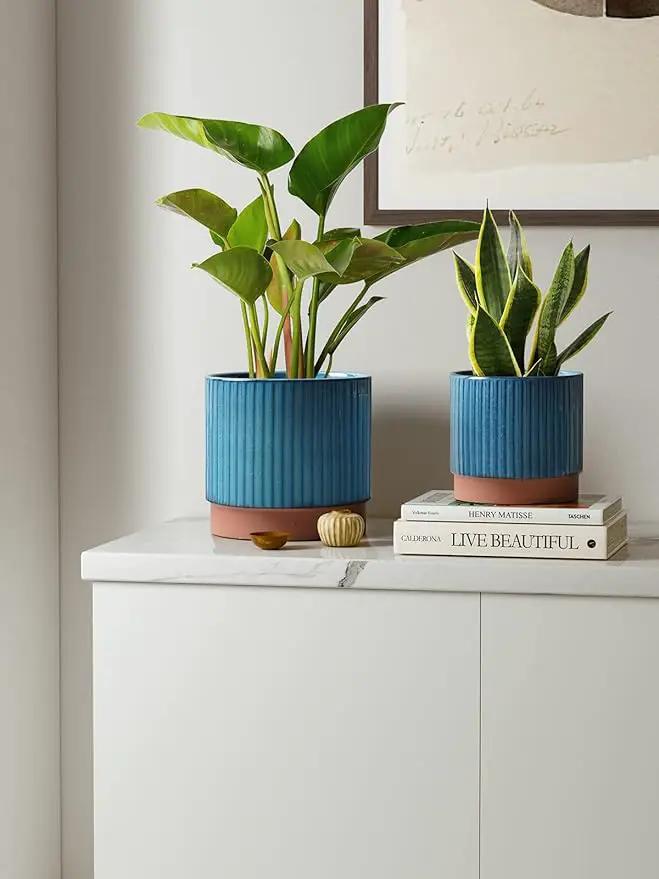 LE TAUCI Ceramic Plant Pots with Drainage Holes, Set of 3, 8+6.7+5.5 Inch Stripe Garden Planter Pots for Outdoor Indoor Plants Flower, Round Succulent Orchid Flower Pot Small to Large Size, Blue by GreenHaven Gardens