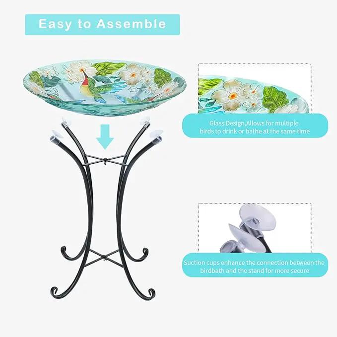 VCUTEKA 18" Outdoor Glass Birdbath with Sturdy Metal Stand for Lawn, Yard, or Garden Decor Bird Lovers Gift, Hummingbird Bird Bath Detachable, 22" Height by GreenHaven Gardens