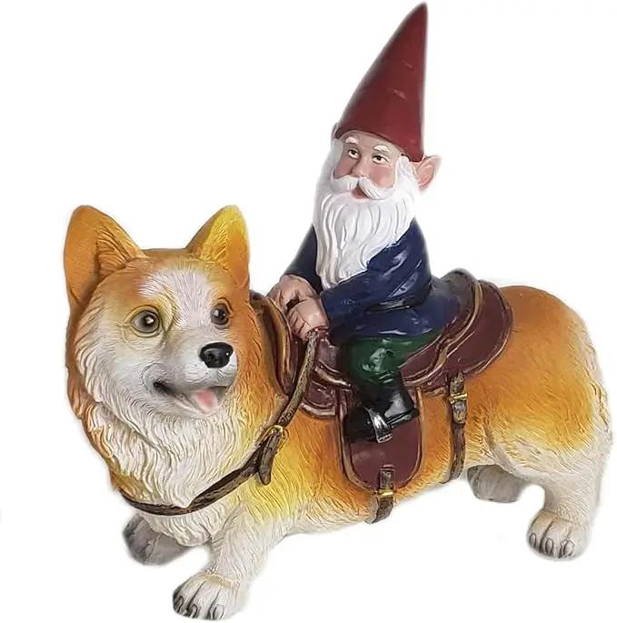 Funny Guy Mugs Garden Gnome Statue - Gnome Riding a Corgi - Indoor/Outdoor Garden Gnome Sculpture for Patio, Yard or Lawn by GreenHaven Gardens