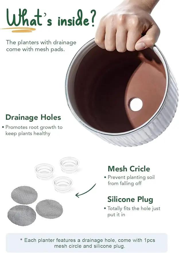LE TAUCI Ceramic Pots for Plants, 8+6.7+5.5 Inch Plant Pots Indoor, Flower Pot with Drainage Holes, Medium Cylinder Planters for Indoor House Plants, Set of 3, Reactive Glaze White by GreenHaven Gardens