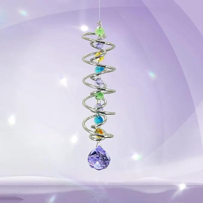 FONMY Gazing Ball Spiral Tail -Decorative Wind Spinner Sun Catcher Rainbow Maker Double-Spiral W/Purple Crystal Ball and Chain Crystals for Indoor Outdoor Garden Decoration -14 inch Height by GreenHaven Gardens