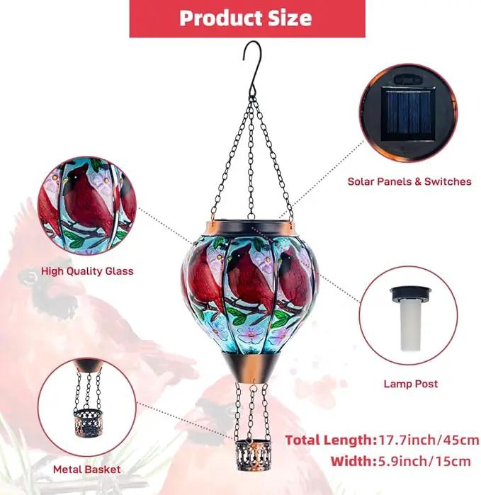 DREAMSOUL Cardinal Hot Air Balloon Solar Lantern, Hanging Solar Lanterns Outdoor with Flickering Flame Light, Glass Outdoor Lantern Waterproof for Patio Yard Party Gift Decor Christmas Gifts by GreenHaven Gardens