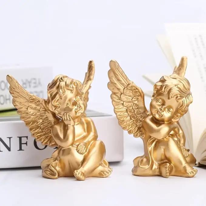 orenm 2 Pack Resin Cherubs Gold Angel Statue Figurine, Garden Sleeping Cherub Statue Sculpture Indoor Outdoor Home Decoration, Cute Adorable Angle Sculpture Memorial Statue(4" Height) (Gold) by GreenHaven Gardens