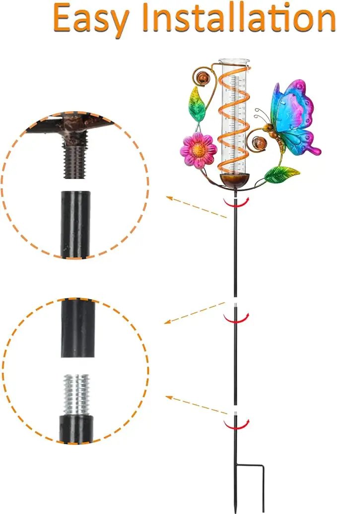 LEWIS&WAYNE 36.3” Butterfly Rain Gauge Outdoor, 7” Glass Tube Solar Powered 10 Warm White LEDs Garden Metal Stakes Decorative Waterproof for Yard Garden Patio Lawn by GreenHaven Gardens