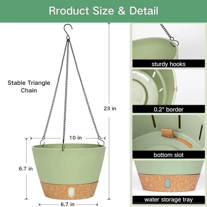 QCQHDU 2 Pack 10 inch Hanging Planters for Indoor Plants, Outdoor Hanging Baskets, Self Watering Pots with Drainage Holes & Removable Tray (Green, 10 inch) by GreenHaven Gardens