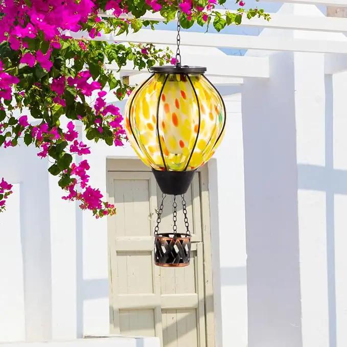 2PCS Hot Air Balloon Solar Lanterns with Flickering Flame,Yellow Glass Hanging Solar Lanterns Outdoor Waterproof Hot Air Balloon Light for Patio Tree Yard Garden Decor,Garden Gift for Women by GreenHaven Gardens