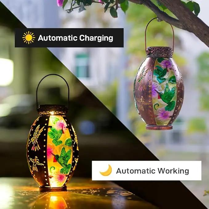 Starsoul Flamingo + Hummingbird Solar Lantern Solar Hot Air Balloon Flickering Flame Hanging Garden Light Stained Glass & Metal Outdoor Lantern Waterproof Hummingbird Hanging Lantern by GreenHaven Gardens