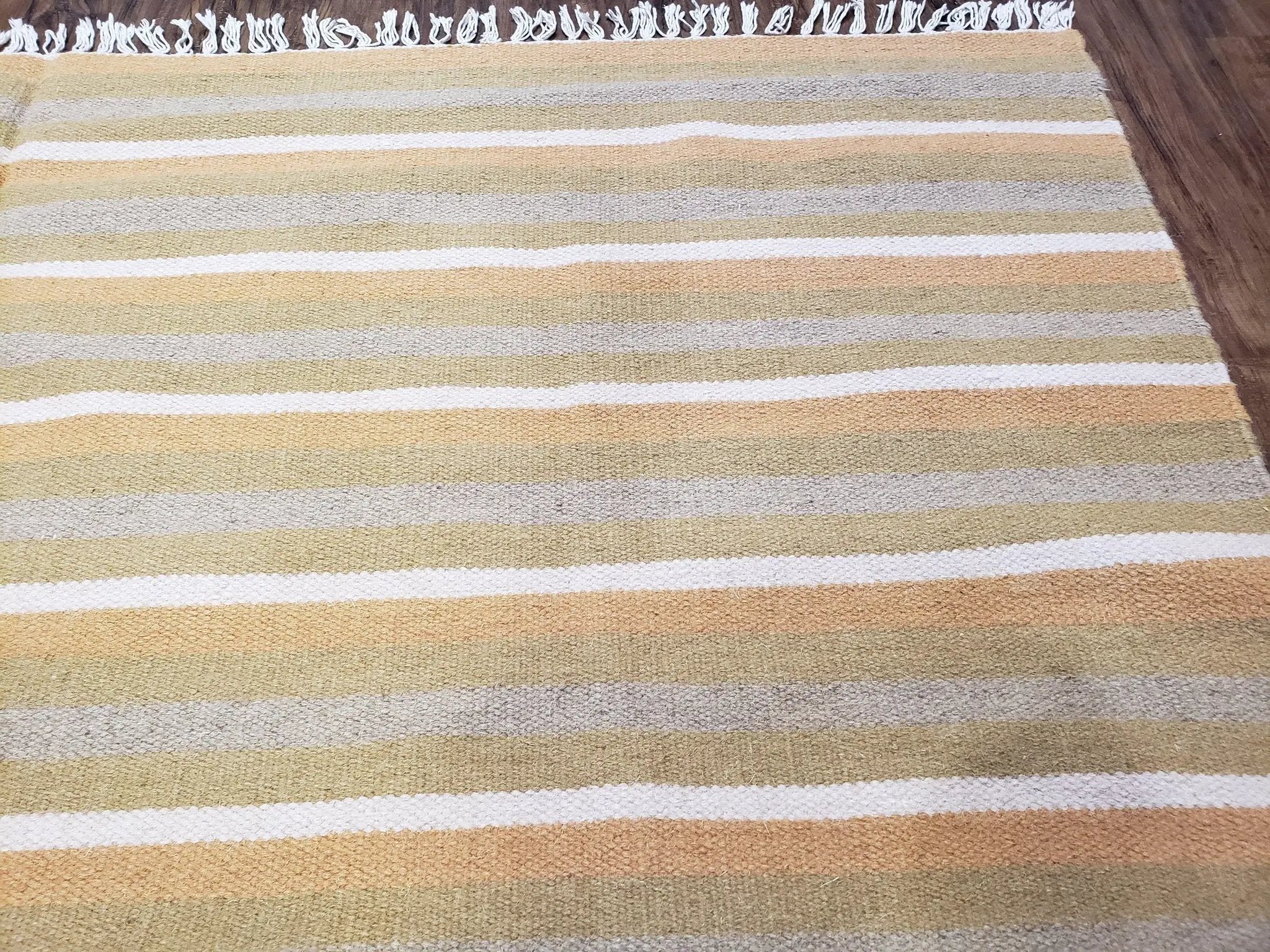 New Indian Kilim Area Rug, 6x8 - 7x8 South American Style Blanket, Striped Indian Wool Hand-Woven Flat Weave 6x9 Bedroom Rug, Ivory Ochre by Jewel Rugs