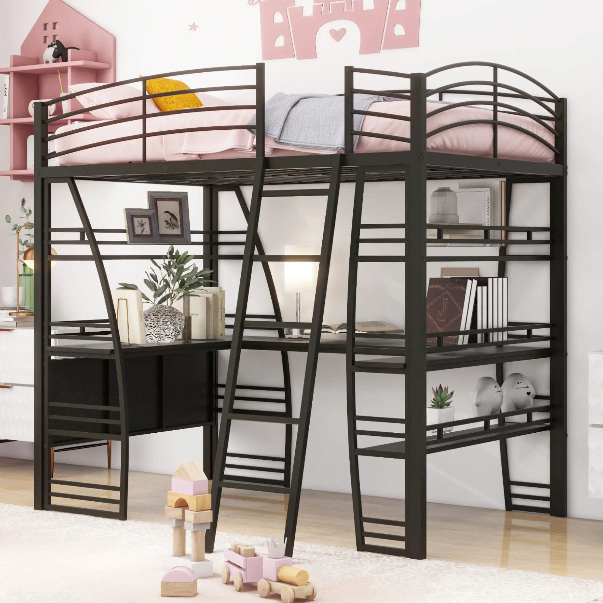 Loft Bed With 4 Layers Of Shelves And L-Shaped Desk, Stylish Metal Frame Bed With A Set Of Sockets, USB Ports And And Wireless Charging by HouseOfZazla